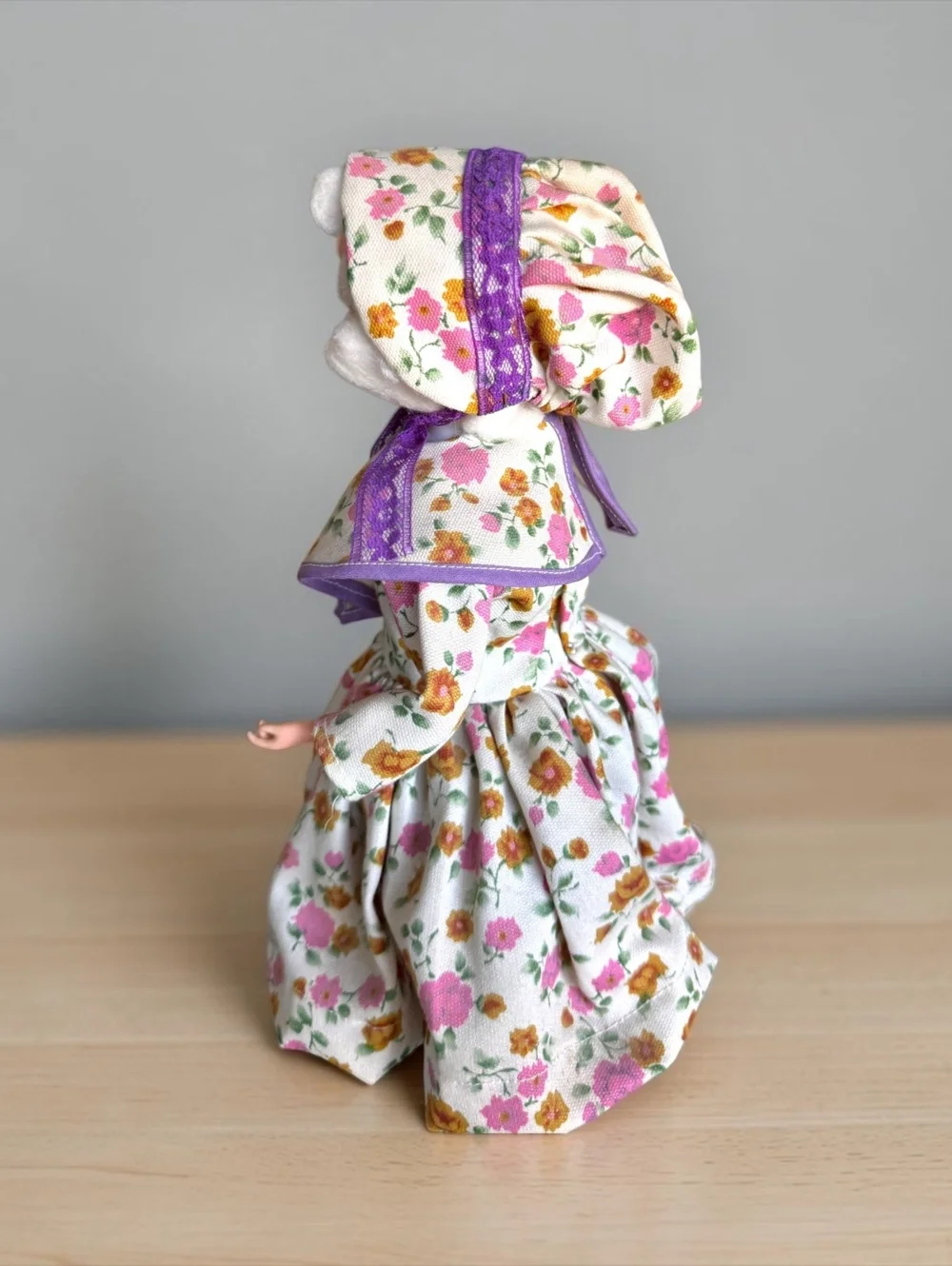 Vintage 1950s Grandma Doll with Floral Dress and Wire Glasses, Mid-Century